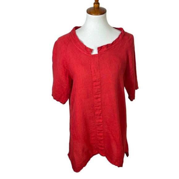 Gigi Moda Red Woven Italian Linen Notch Neck Tunic Blouse Size L - Picture 4 of 6